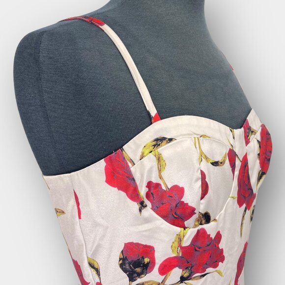 Retro Stage Rose Wiggle Dress Ivory Red Floral Pin‑Up 1950s M Midi - Picture 6 of 11